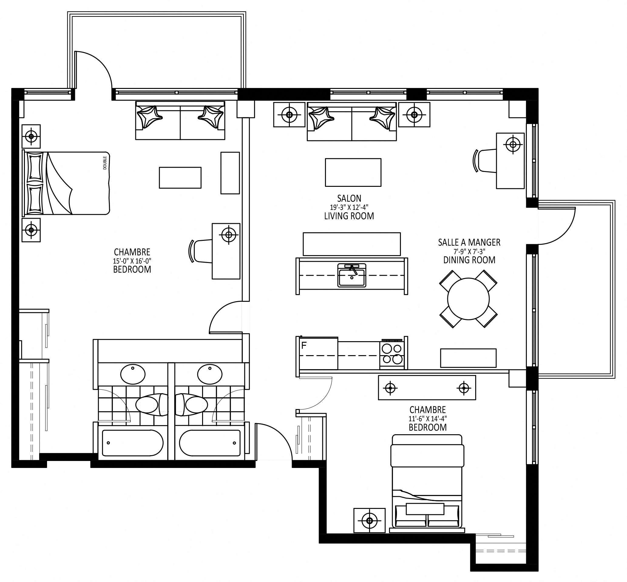 Floor plan for 2 beds, 1 bath, 1032 sqft